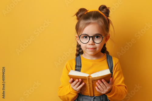 
Portrait of a cute little kid girl on a yellow background. Child schoolgirl looking at the camera, holding a book and straightens glasses photo