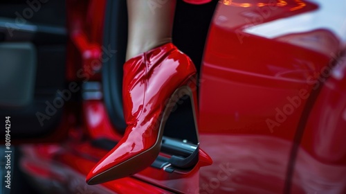 Woman's legs wearing shiny red high heels inside a luxury car © talkative.studio