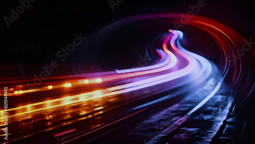 High Speed Flying Lines 3d Animation in Seamless Looping Traffic. Sci-fi Digital Footage Electric Move of Dynamic Streaks in Dark Backdrop. Neon Glowing Rays of Hyperspace in Time Travel Illustration  photo