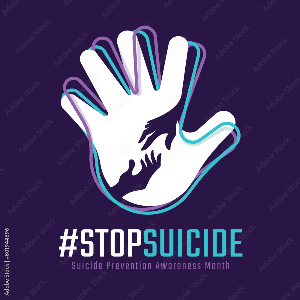Fototapeta premium Suicide prevention awareness month - White stop handand line teal purple around with hand to hand with care and connection sign on dark purple background vector design
