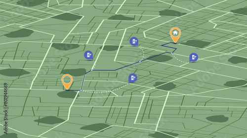 Location EV charging station location on route to home. Gps navigation map EV supercharger station. Path turns and destination tag or mark. Tracking path, route. Isometric vector illustration.