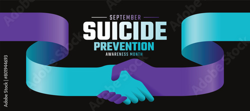 Suicide prevention awareness month - Text and Teal purple long ribbon awareness with hand hold hand to give hope sign on black vector design
