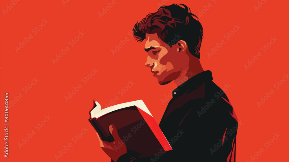 Handsome young man with Holy Bible on red background