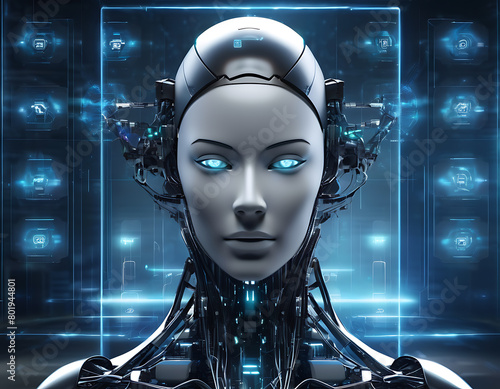 AI digital humanoid face in front view