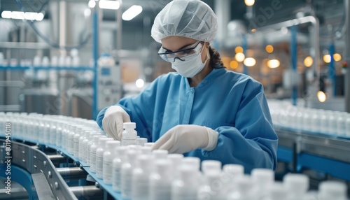 Pharmaceutical worker inspecting medicine bottles on a production line