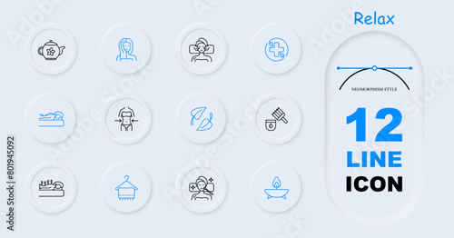 Relax set icon. Tea, tea ceremony, facial massage, acupuncture, cream, oils, healthy and strong hair, aroma candle, stone therapy, towel, neomorphism, cross, traditional medicine. Sauna concept.