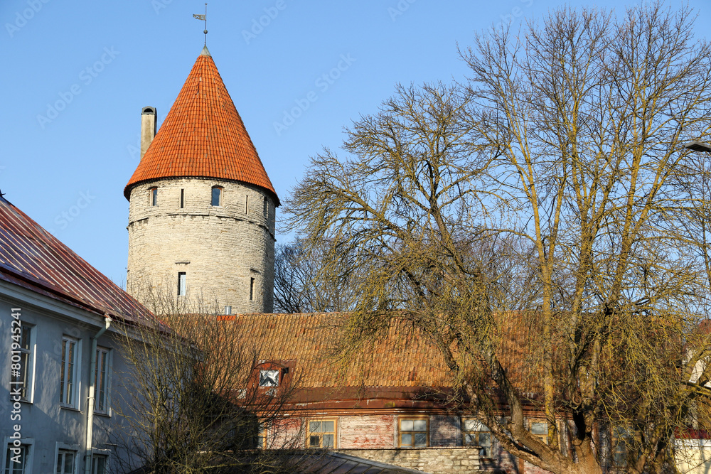 Fototapeta premium Stone tower and buildings in Tallinn old town, Estonia