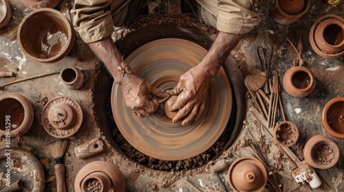 The hands of skilled craftsmen shape clay on a rotating wheel surrounded by tools. ,emphasizes the craftsmanship and traditions of pottery making photo