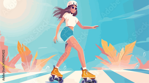 Beautiful young woman on roller skates outdoors Vector