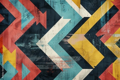 A geometric pattern of arrows pointing in different directions, featuring vibrant contrasting colors photo