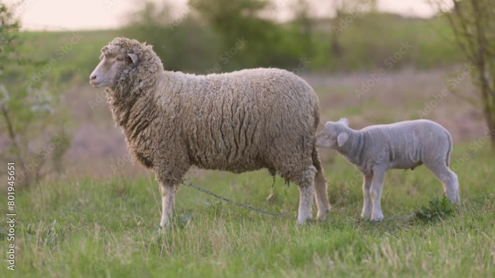 Sheep with Little Lamb in Pasture. Sheep Grazing in Meadow on Farm in Countryside Sheep with Little Lamb in Pasture. Sheep Grazing in Meadow on Farm in Countryside