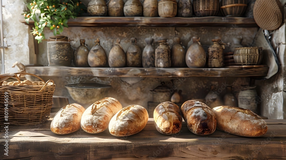 Freshly Baked Artisanal Loaves on Rustic Wooden Shelves in Cozy Kitchen Setting