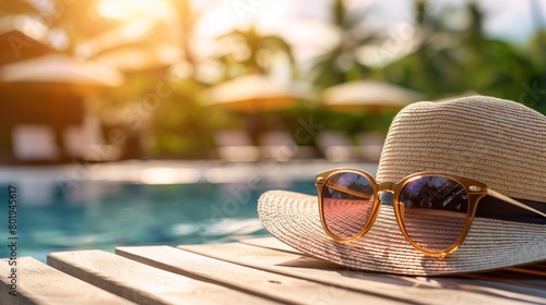 Straw hat and sunglasses at poolside on a sunny day. summer vacation background.