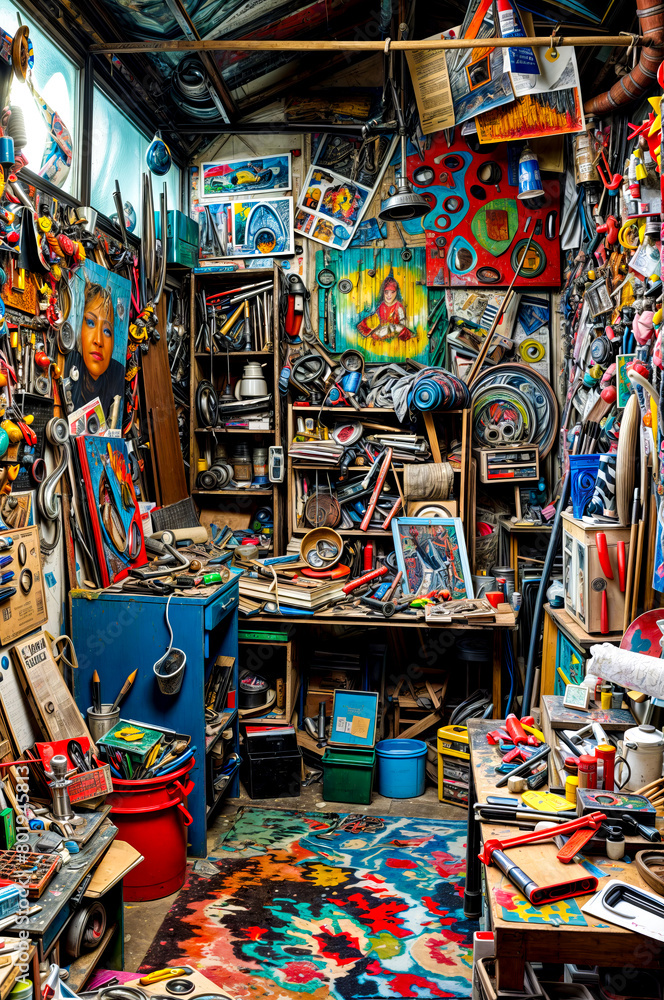 Fototapeta premium Room filled with lots of assorted items and painting on the wall.