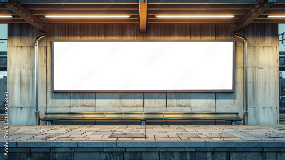 An empty bench is placed in front of a large billboard in a modern city setting. The billboard displays a mockup advertisement An empty bench is placed in front of a large billboard in a modern city setting. The billboard displays a mockup advertisement