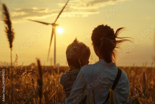 A mother standing with her child on a mountaintop, watching wind turbines at a wind farm in the distance under the setting sun.

