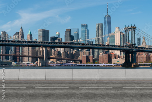 Empty urban asphalt road exterior with city buildings background. New modern highway concrete construction. Concept of way to success. Transportation logistic industry fast delivery. New York. USA.