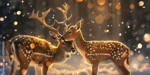 A deer couple standing in the forest with a glowing light in the style of romantic illustrations mixes realistic and fantastical elements with beautiful background photo