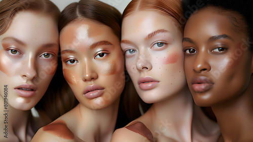 Portrait of a group of women of different ethnicities with different skin color. Creative concept of choosing foundation depending on skin color, palette of foundation. photo