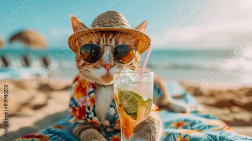 A cat dressed in a Hawaiian shirt, beach shorts, hat, sunglasses lies on a sunbathe on the beach, on a sun lounger, under a bright sun umbrella, drinks a mojito with ice from a glass glass with a stra photo