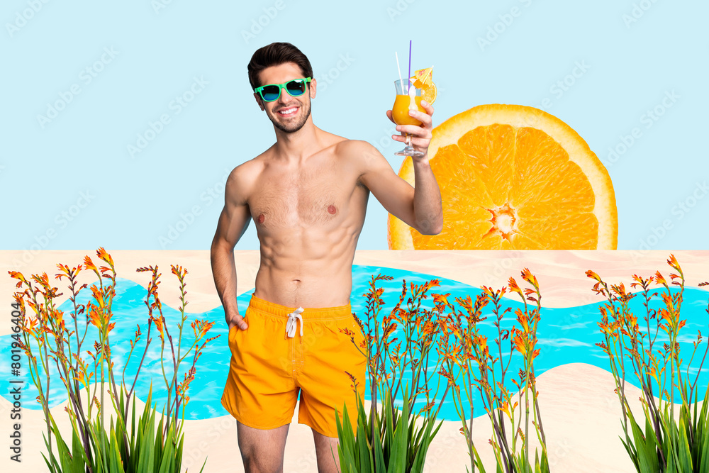 Naklejka premium Composite photo collage of happy guy hold cocktail beverage summer travel resort stand ocean beach flower isolated on painted background