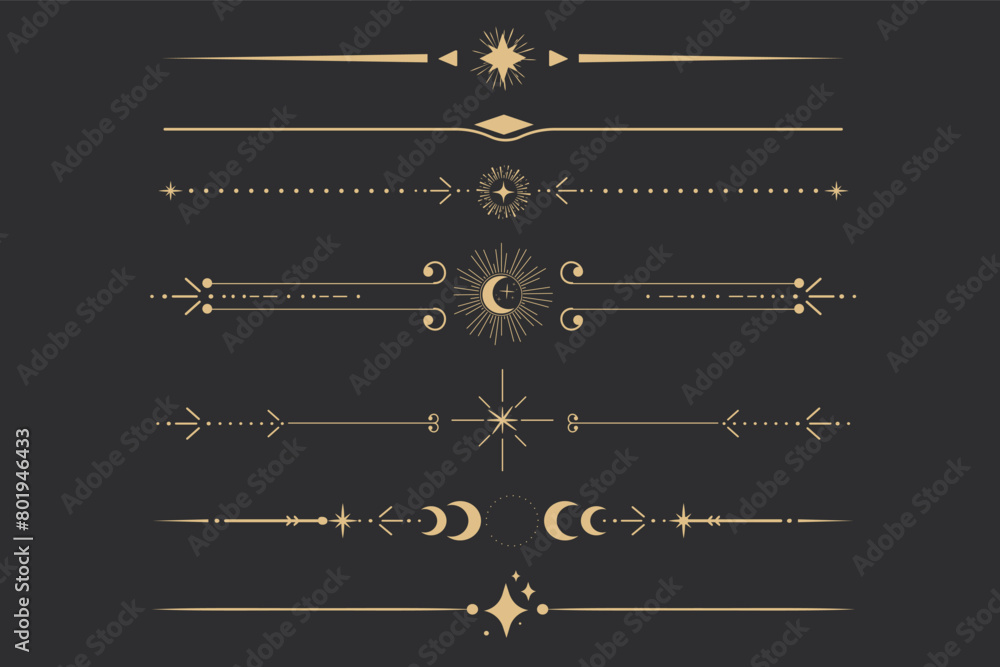 Naklejka premium Golden divider celestial border with stars moon and sun thin line elegant simple decoration, mystic tarot separator, minimalist magic gold design element on dark background