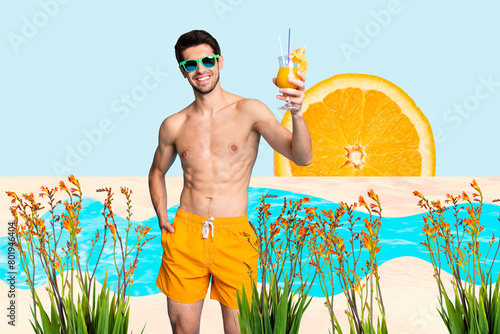 Composite photo collage of happy guy hold cocktail beverage summer travel resort stand ocean beach flower isolated on painted background