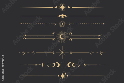 Golden divider celestial border with stars moon and sun thin line elegant simple decoration, mystic tarot separator, minimalist magic gold design element on dark background