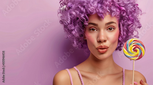 Young woman in wig with lollipop and paper candy on light background