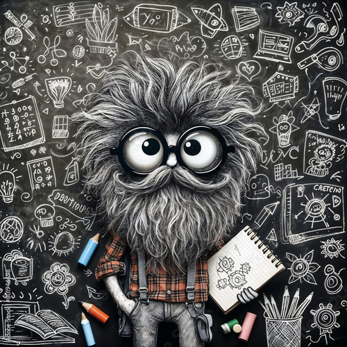 bearded inventor in front of a chalkboard
