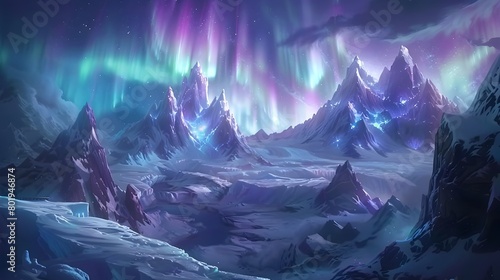 Enchanting Aurora over Icy Mountain Landscape in Ethereal Winter Wonderland