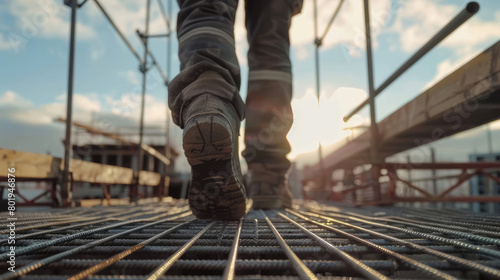 Worker Walking on Metal Platform at Construction Site