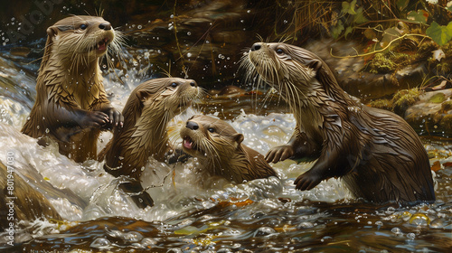 Playful Harmony: Capturing the Charm of Otter Families in Freshwater Streams © William