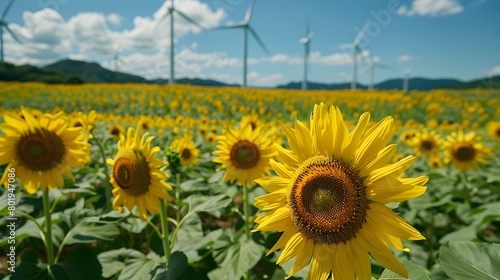 Expansive Sunflower Fields with Wind Turbines in the Background at Fukushima s Numajiri Kogen Japan