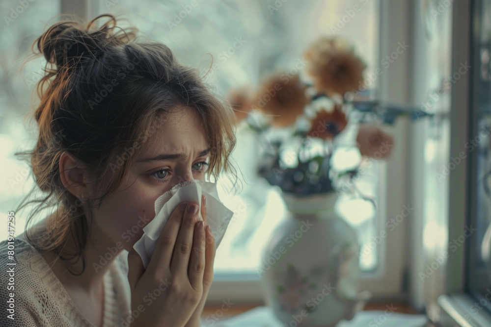 A young girl suffering from allergies, seen at home, covering her nose in discomfort.