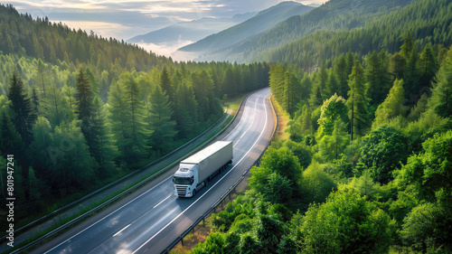 A lone truck travels a forest-lined highway, merging technology with nature's tranquility Generative AI