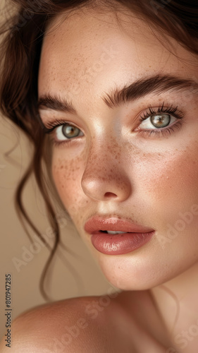 Close-up Portrait of Flawless Woman on Beige Background