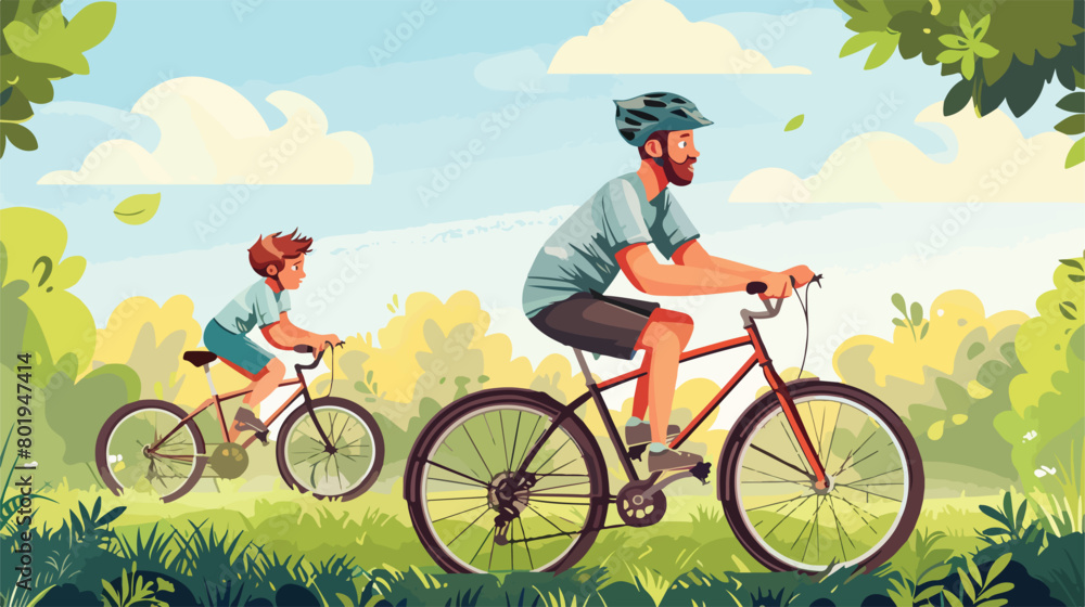 Happy father and son riding bicycles outdoors Vector
