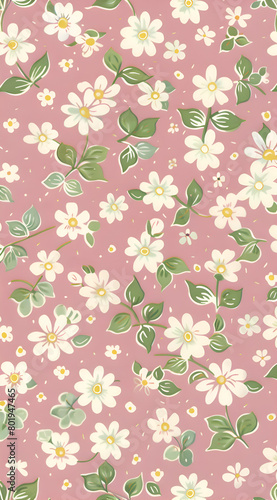 A pink floral print with white flowers and green leaves. The flowers are scattered throughout the image, with some in the foreground and others in the background. Generative AI