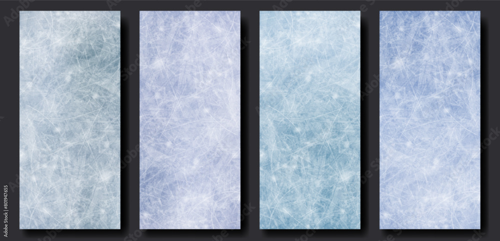 Ice rink scratched surface with realistic texture. Empty vertical background set of blue colors. Vector template for roll up banner or stories design, hockey, figure skating or curling illustration.