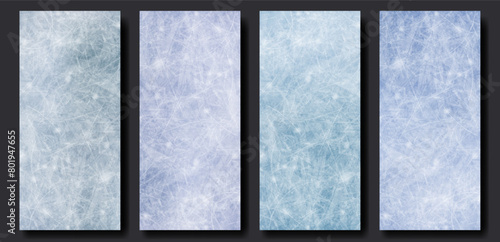 Ice rink scratched surface with realistic texture. Empty vertical background set of blue colors. Vector template for roll up banner or stories design, hockey, figure skating or curling illustration.