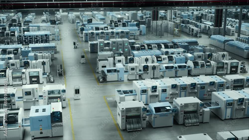 Autonomous Manufacturing of Computer Components Microchips in a Modern High-Tech Factory, Advanced Automatic Robots at Work. Industry 4.0 Innovations in Electronics Production. Establishing Shot Autonomous Manufacturing of Computer Components Microchips in a Modern High-Tech Factory, Advanced Automatic Robots at Work. Industry 4.0 Innovations in Electronics Production. Establishing Shot