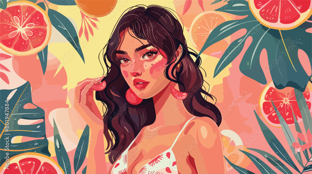 Beautiful young woman with juicy grapefruit on color