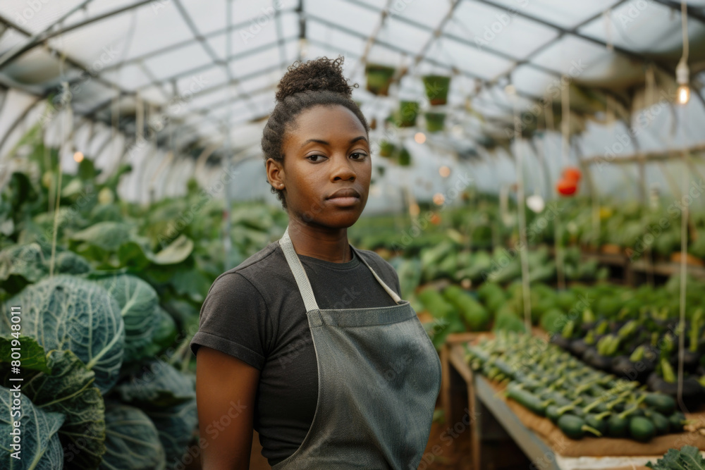 A young black female farmer standing calmly inside a vegetable greenhouse, facing the camera.
