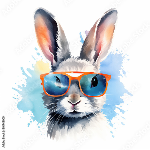 A watercolor cool rabbit white background © Tanat
