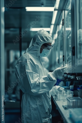 A man in a white lab coat is wearing a mask and gloves