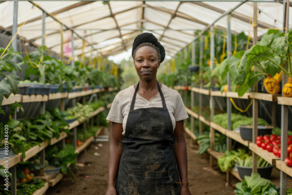 Obraz premium A young black female farmer standing calmly inside a vegetable greenhouse, facing the camera.
