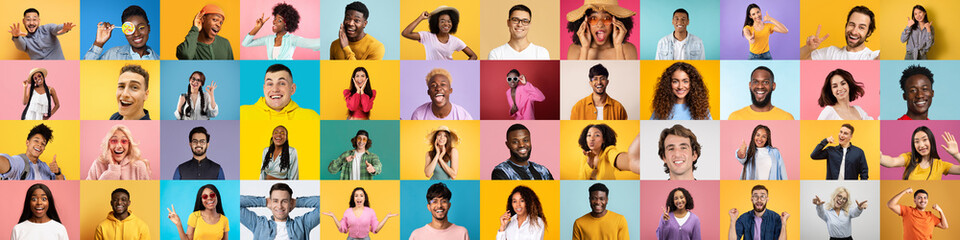 Showcasing joy and diversity, this collage spotlights multiracial and multiethnic faces, each infectious with happiness, forming an international tapestry of people