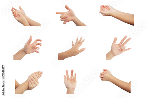 Includes a collection of hand gestures in various poses. on a white background photo