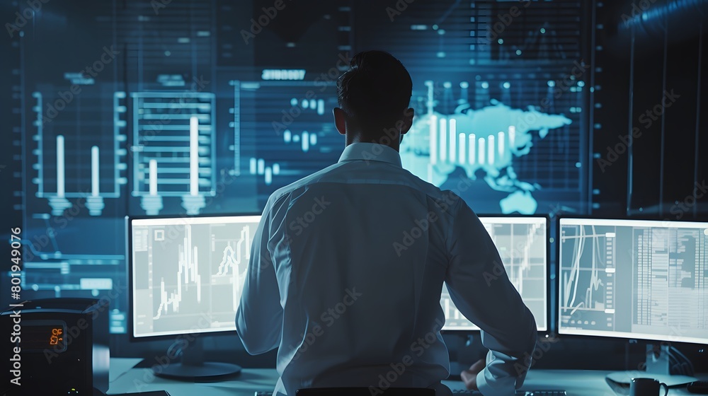 A man monitors data on multiple screens in a high-tech control room